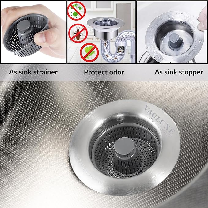 Upgraded 3in1 Kitchen Sink Drain Strainer & Sink Stopper, Stainless Steel Kitchen Drain Plug & Sink Installation Parts with Anti-Clogging Basket, Fit US Standard 3-1/2.8'' Sink Drain Hole