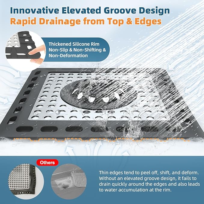 Hibbent Upgraded Shower Drain Hair Catcher, Shower Drain Cover for Bathroom Floor 4" Drain, Anti-Clogging Bathtub Drain Strainer, Stainless Steel Kitchen Sink Drain Strainer with Handle, Black