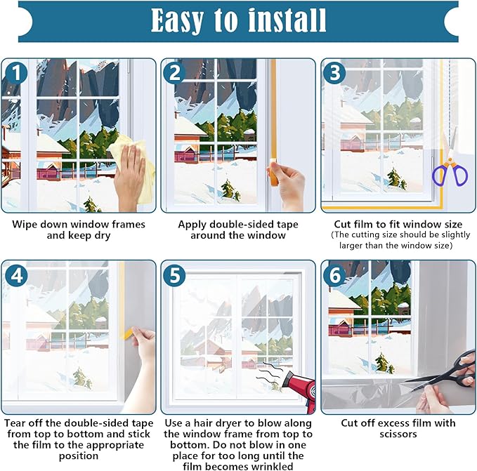 Window Insulation Kit, 63 × 394 Inch Plastic Window Coverings for Winter, Thicken Window Shrink Film Insulator Kit Windows Waterproof Winterizing with 5 Double-Sided Tape for 10 Pcs 3 x 5 Ft Windows