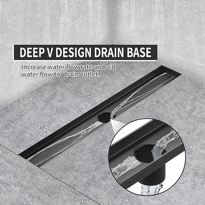 Linear Shower Drain 32 Inch, Bubbles Shower Drain SUS-304 Stainless Steel, 51L/Min Fast Drainage Floor Linear Drain, US Standard CUPC Certified, Matte Black, SD-099