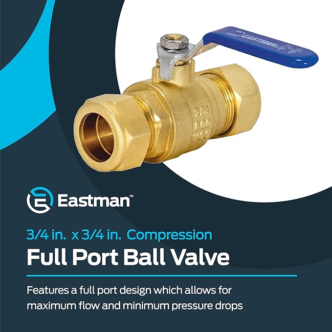 Eastman Full Port Ball Valve, 3/4 x 3/4 Inch Compression Ends, Brass Inline Water Shut-Off Valve, 20097LF