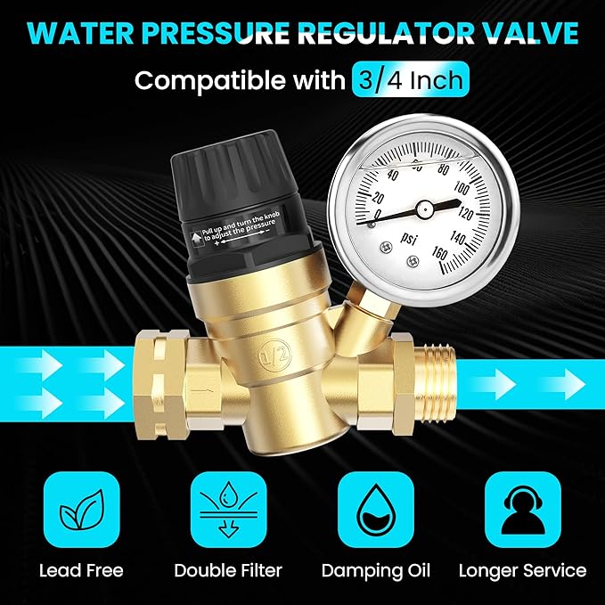 Water Pressure Regulator for RV and Garden Lead-Free Brass Adjustable Water Pressure with 0-160 PSI Silicone Oil Gauge and Screen Filter Use in Camper, Trailer, RV Plumbing System