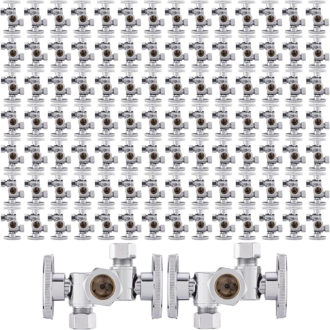 (Pack of 100) EFIELD 1/4 Turn Dual Compression Outlet Angle Stop Valve with 2 Shut Off Valves/Handles, 1/2" NOM (5/8" OD) x (3/8 inch x 3/8 inch) Chrome,(VALVE134-100PCS)