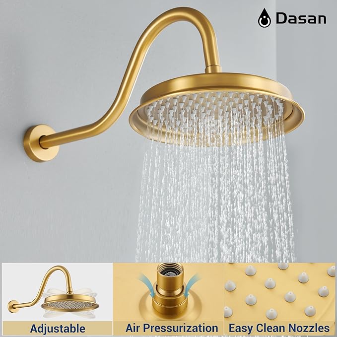 DASAN Brushed Gold Shower System with Tub Spout, Tub and Shower Faucet Combo Set with Valve & Trim Kit Bathtub Shower Faucet Set Bathtub Shower System with Rainfall Shower Head & Handheld, AT309W-BTG