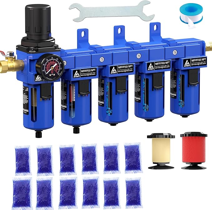 3/8'' NPT 5 Stage Air Dryer for Compressor,5 &0.01 Micron Filter Cartridge Air Drying System,Triple Desiccant Dryers & Air Regulator,Metal Bowl, Semi-Auto Drain,Industrial Grade-Blue