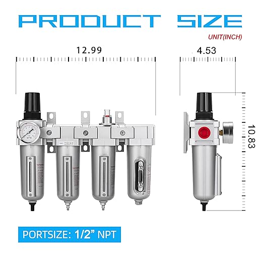 NANPU 1/2" NPT Industrial Grade 4 Stage Air Drying System - Double Particulate Filters, Coalescing Filter, Desiccant Dryer & Air Regulator, Metal Bowl, Auto Drain, for Paint Spray＆ Plasma Cutter