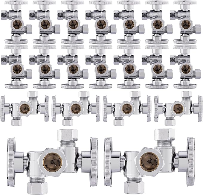 (Pack of 20) EFIELD 1/4 Turn Dual Compression Outlet Angle Stop Valve with 2 Shut Off Valves/Handles, 1/2" NOM (5/8" OD) x (3/8 inch x 3/8 inch) Chrome,(VALVE134-20PCS)