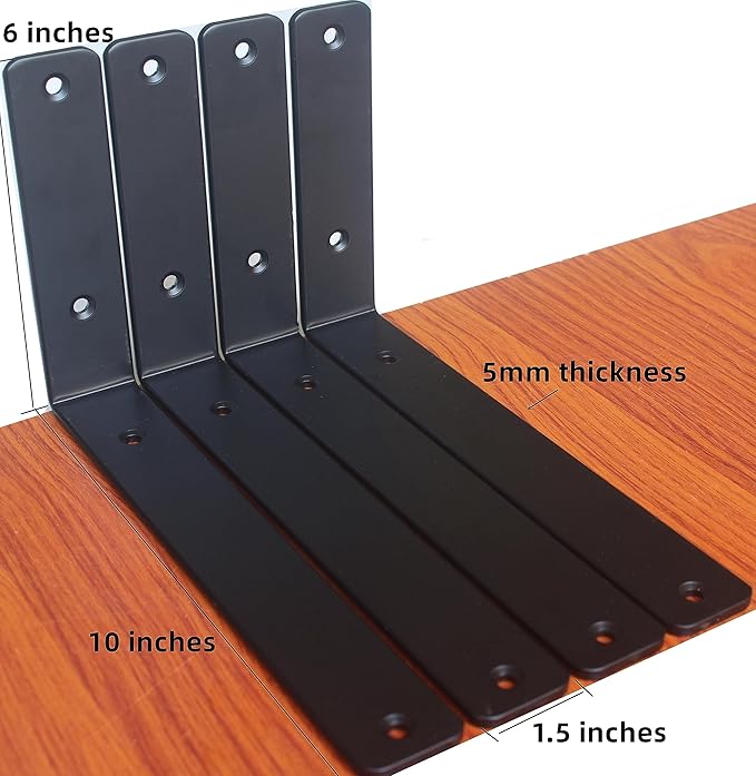 4 Pack - L 10" x H 6" x W1.5, 5mm Thick Black L Shelf Bracket, Iron Shelf Brackets, Metal Shelf Brackets, Floating Shelf, Shelf Supports with Screws