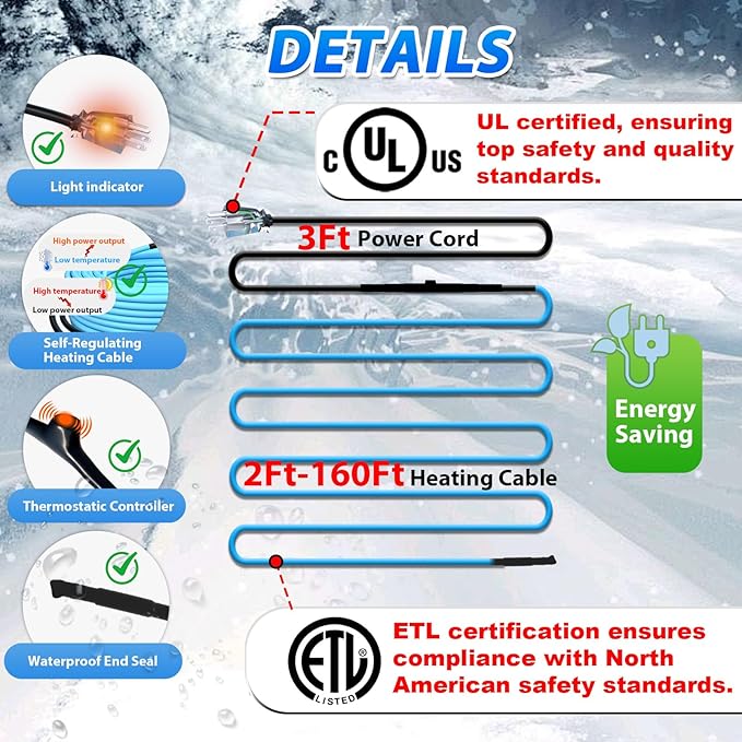 HEATIT 5JHSF 160Ft Self Regulating Heat Trace Cable for Pipes, Pre-assembled Water Pipe Freeze Protection, ETL Listed, 120V