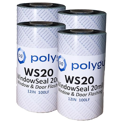 POLYGUARD WindowSeal Window and Door Flashing Tape, 12 in x 100 ft Roll, 20 mil Thick, Self-Sealing & Self-Adhering Waterproof Barrier, Pack of 4