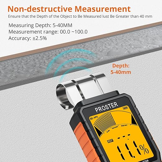 Proster Rechargeable Moisture Meter - Wall Moisture Meter with 5 Modes (Index, Concrete, Cement, Plaster, Wood) & 3-Colour Screen, Pinless Damp Tester with Visual & Sound Alerts Detects up to 40mm