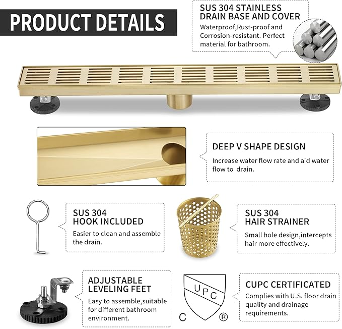 Linear Shower Drain 32 Inch,Rectangular Shower Drain SUS-304 Stainless Steel, 51L/Min Fast Drainage Floor Linear Drain, US Standard CUPC Certified, Zirconium Gold, SD-109