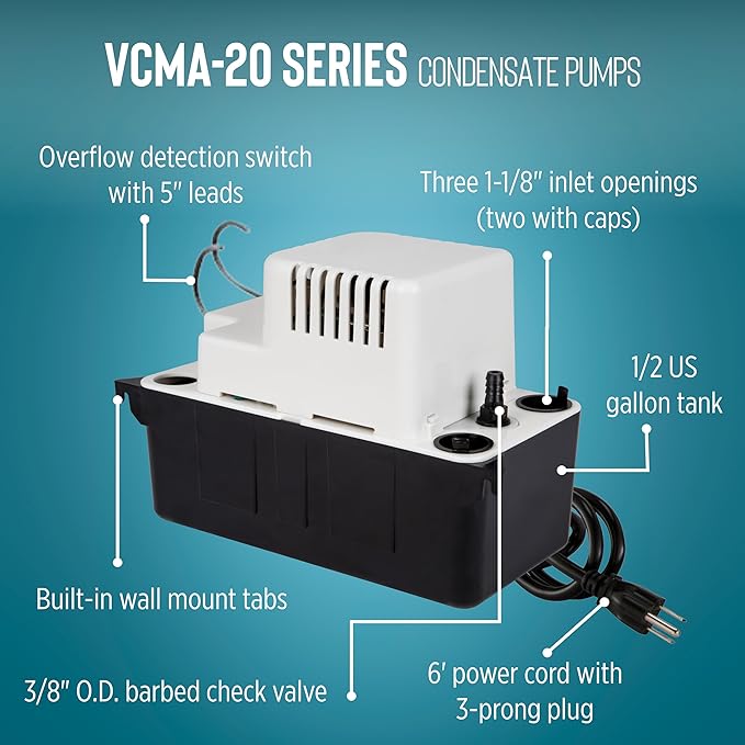 Little Giant VCMA-20ULST 115 Volt, 80 GPH, 1/30 HP Automatic Condensate Removal Pump for HVAC/Refrigeration Systems/Dehumidifiers with Overflow Detection Switch and 20-Foot Tubing, White/Black, 554435