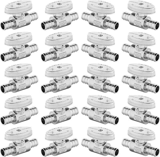 20-PCs HeSun Pex Barb Crimp Straight Stop Valve, 1/2" PEX x 1/2" PEX Straight Stop, 1/4 Turn Shut Off Valve for Bathroom, ASTM F1807(VALVE105-20)