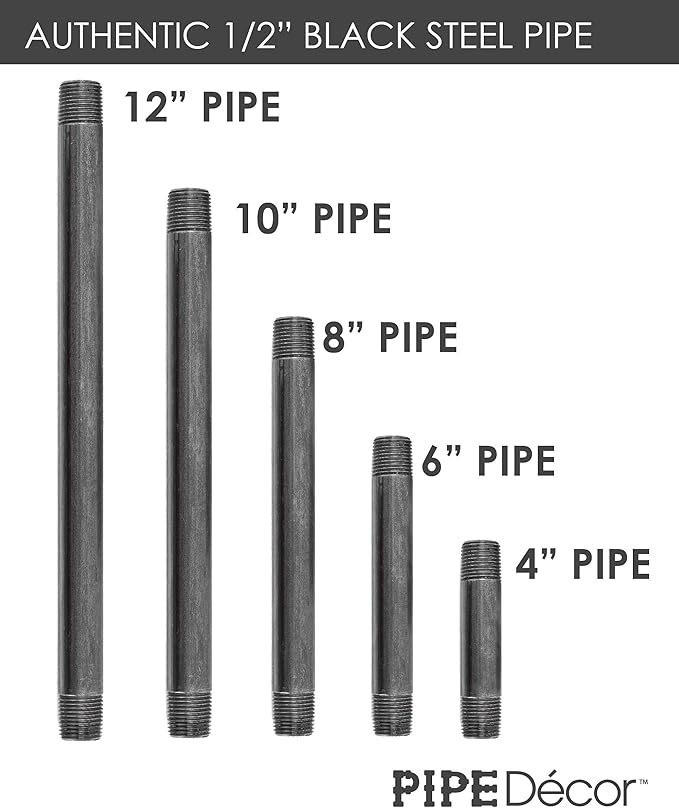 PIPE DÉCOR 1/2” x 6” Malleable Cast Iron Pipe Nipple, Pre Cut Connectors, Industrial Steel Grey Fits Standard Half Inch Black Threaded Pipes Nipples and Fittings, Build Vintage DIY Furniture, 6 Pack