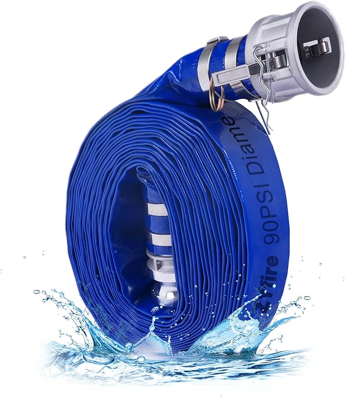 ZYfire Backwash Hose - 1-1/2" x 50 FT PVC Lay Flat Discharge Hose with Aluminum Camlock C & E Fittings Heavy Duty Reinforced Pump Discharge Hose Weather and Burst Resistant for Pool Drain, Sump Pump