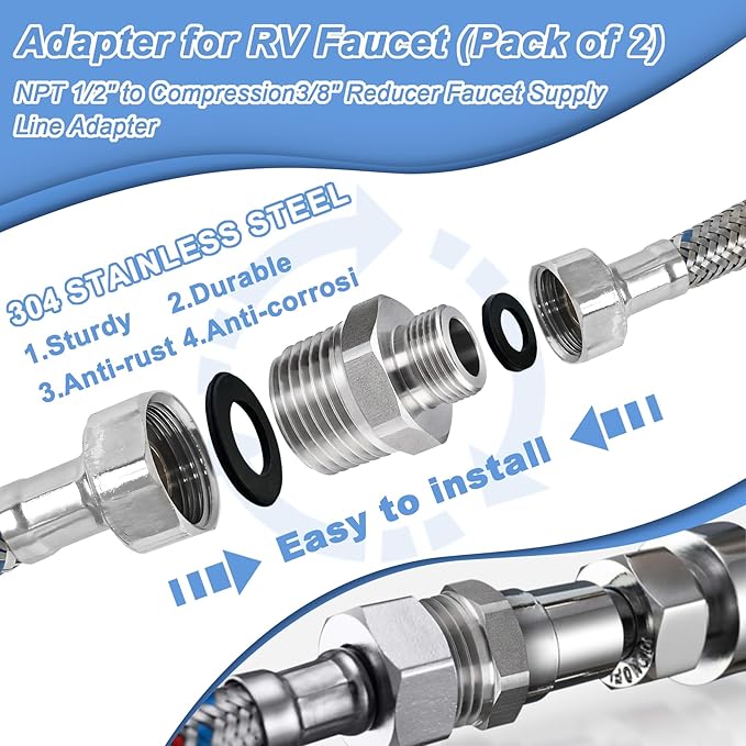 1/2 to 3/8 RV Faucet Adapter, 304 Stainless Steel 3/8 Male to 1/2 Male Compression Reducer Fittings, Water Line Supply Adapter for RV Kitchen, Water Hose Pipe Connector with Rubber Washer(2 Pack)