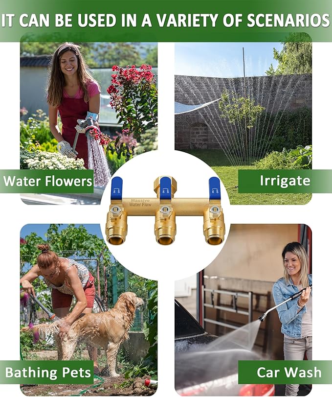 3 Way Hose Splitter, Heavy Duty Full Flow Garden Water Hose Bib Spigot Splitter, Brass Rust and Freeze Resistant Outdoor Faucet Splitter, T Adapter Connector with 3/4 - Inch GHT Thread （Blue）