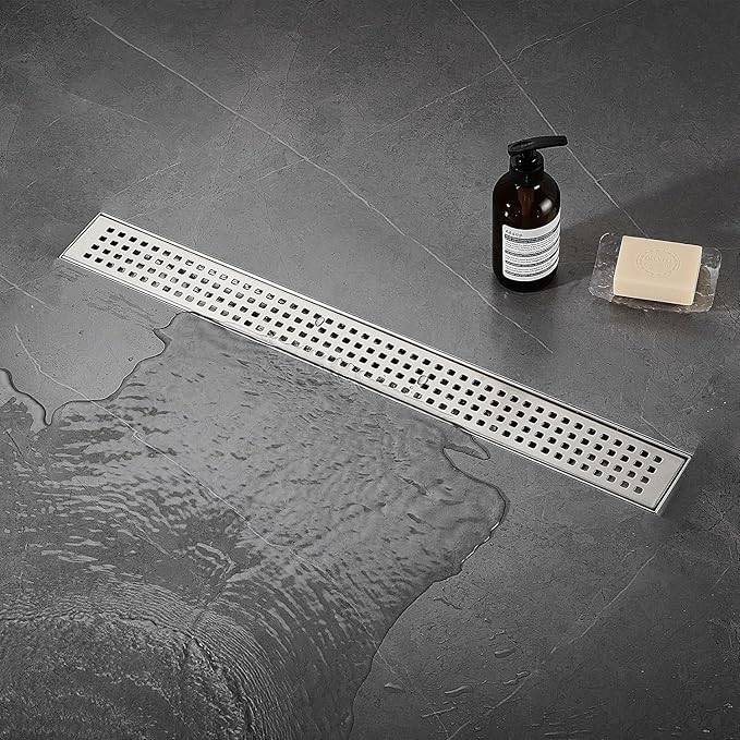 Linear Shower Floor Drain, Brushed Nickel 48 Inch 304 Stainless Steel Bathroom Drains Kit, Long Rectangular Shower Trench Drain with Square Pattern Drain Cover & Hair Catcher