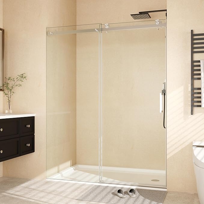 Frameless Sliding Shower Door Enclosure - 56 to 60 Inch Adjustable Width x 76 Inch Height, 6mm Coated Tempered Safety Glass with Easy Clean, Square Stainless Steel Rail, Brushed Finish