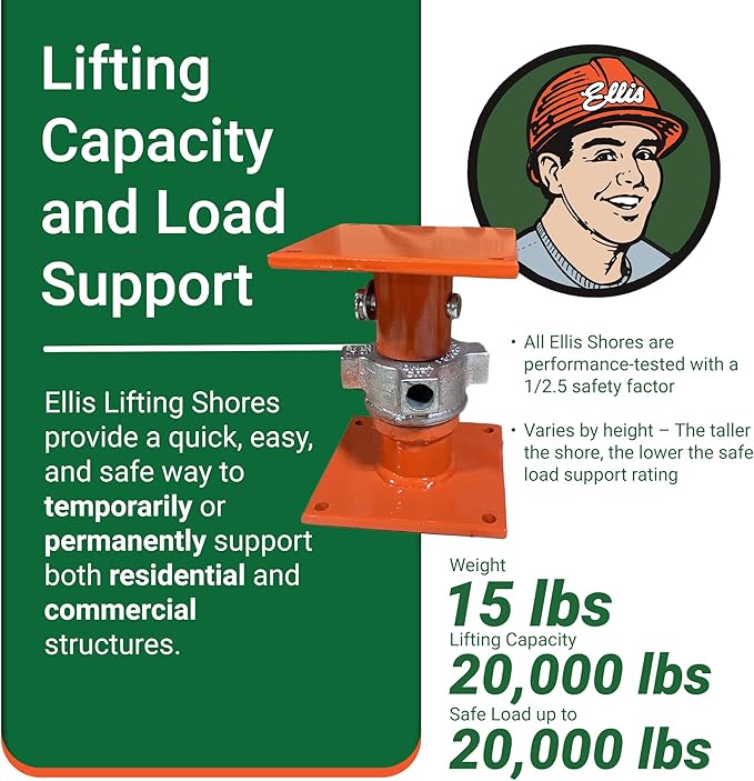 Ellis Manufacturing Light-Duty Steel Lifting Shore – House Jack for Foundation Leveling, Concrete, Beams, and Basement – 20,000 lb Safe Load Capacity – 8"-10" Adjustment