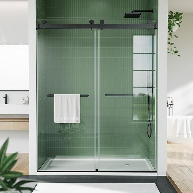 Frameless Double Sliding Shower Door - 44 to 48 Inch Adjustable Width x 74 Inch Height, 1/4" (6mm) Clear Tempered Glass with Easy-Clean, Space-Saving Bypass Design, Matte Black Finish for Bathroom