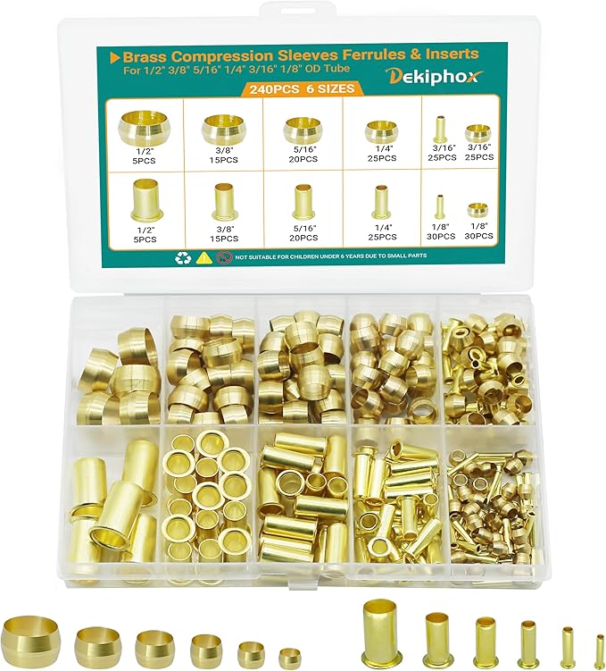240PCS Brass Compression Sleeves Ferrules Inserts, 6 Sizes 1/2" 3/8" 5/16" 1/4" 3/16" 1/8" Tube OD Compression Fittings Assortment Kit for Air Water Fuel Oil and Inert Gases Line Connection