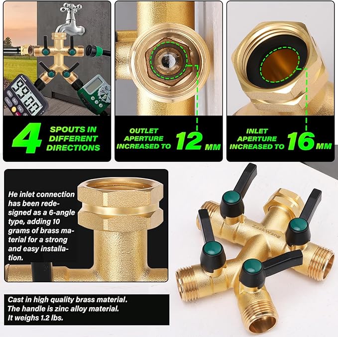 Garden Faucet Splitter, 4 Way Hose Splitter, Multi-Directional High Output Outdoor Splitter, 3/4" GHT Thickened Hex Inlet, Heavy Duty Solid Brass Spigot Adapter with Comfort Extension Handles