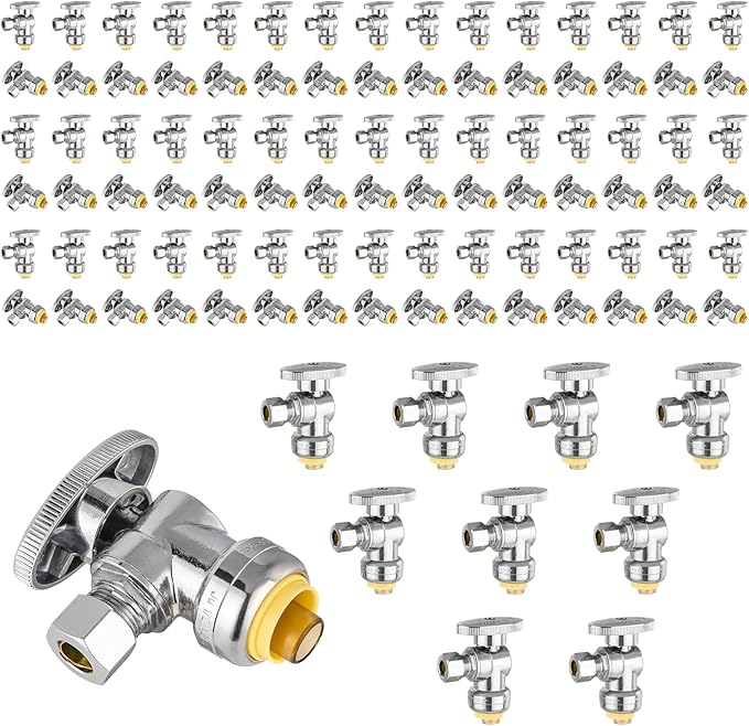 100-Pack Foskan Push Fit Angle Stop Valve,1/4 Turn Shut off Valve 1/2" Push Fit x 3/8" OD,Chrome Plated Brass