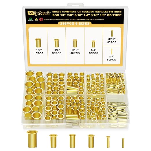 Siptenk 236PCS Brass Compression Tube Inserts for OD 1/2" 3/8" 5/16" 1/4" 3/16" 1/8", 6 Sizes Tubing Insert Brass Ferrule Fitting Assortment Kit