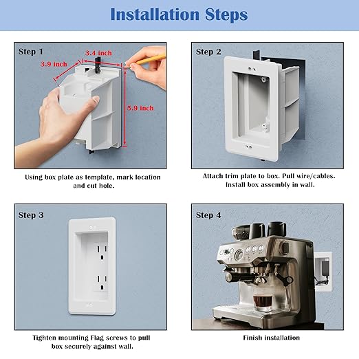 Recessed Electrical Box - Single Gang, for Wall Mount TV, Antenna, Phone & Cable, Suitable for GFCI & Standard Outlet (2 Pack)