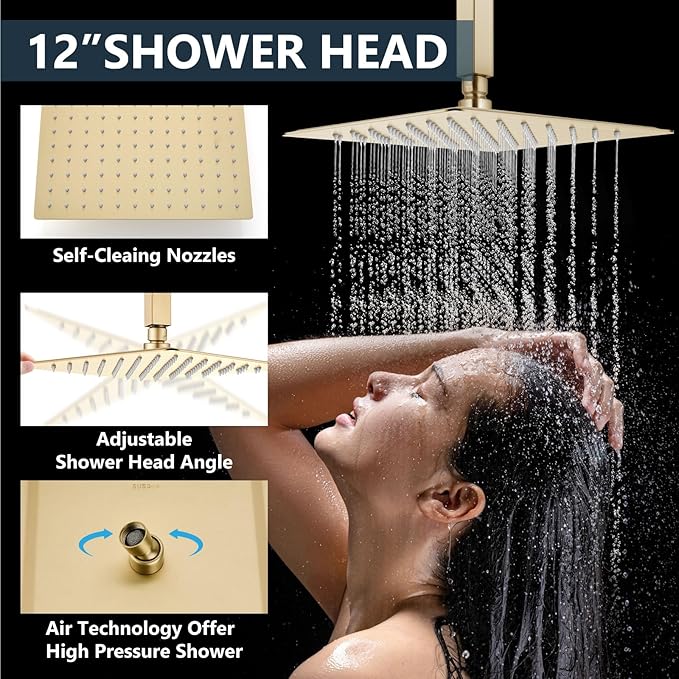 Aolemi Shower Faucet Set Ceiling Mount Shower System Rough-in Valve and Shower Trim Kit 12 and 6 Inch Dual Shower Head 2 in 1 Handheld Spray Push Button Diverter Brushed Gold