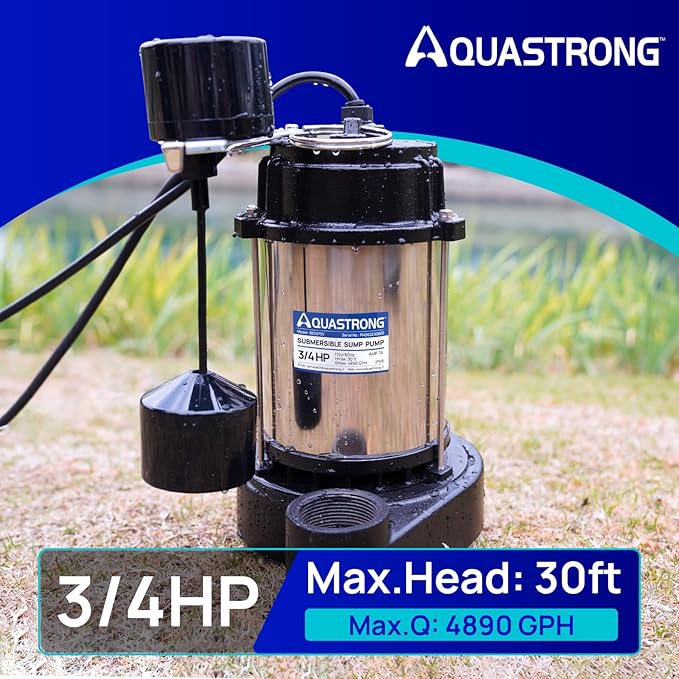 AQUASTRONG 3/4 HP Sump Pump Submersible, 4890 GPH Stainless Steel and Cast Iron Sump Pump, Automatic Integrated Vertical Float Switch with Piggy-back Plug,1-1/2" NPT Discharge Subpumps for Basement