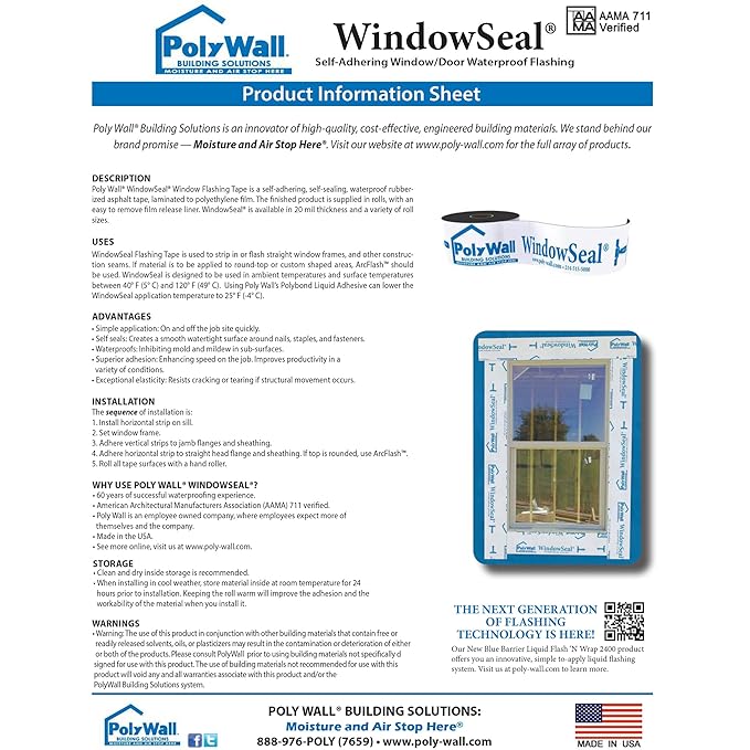 POLYGUARD WindowSeal Window and Door Flashing Tape, 6 in x 100 ft Roll, 20 mil Thick, Self-Sealing & Self-Adhering Waterproof Barrier, Pack of 4