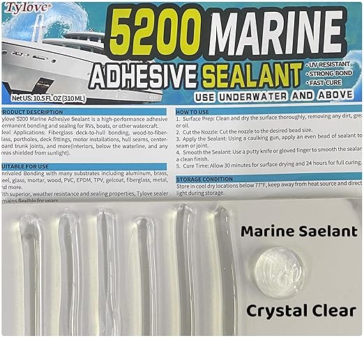 [Crystal Clear] 5200 Marine Sealant Clear - UV-Resistant Waterproof Adhesive for Boats, Windows, Glass & Marine Applications Eco-Friendly, Low Odor (10.5 Oz Tube)