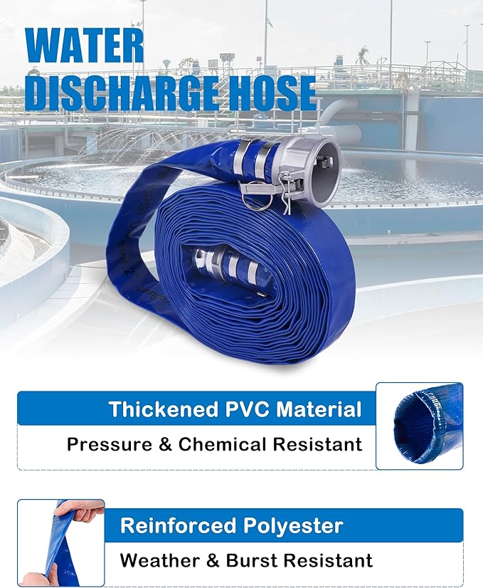 ZYfire Backwash Hose - 1-1/2" x 50 FT PVC Lay Flat Discharge Hose with Aluminum Camlock C & E Fittings Heavy Duty Reinforced Pump Discharge Hose Weather and Burst Resistant for Pool Drain, Sump Pump