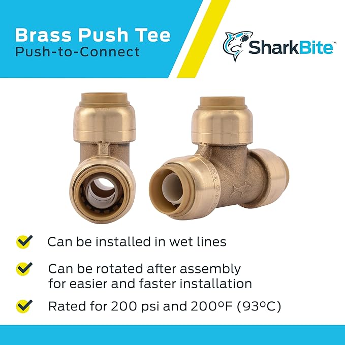 SharkBite 1/2 Inch Tee, Pack of 10, Push to Connect Brass Plumbing Fitting, PEX Pipe, Copper, CPVC, PE-RT, HDPE, U362LFCP