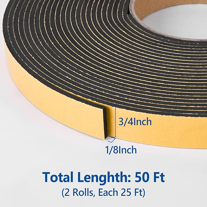 Self Adhesive Foam Tape Weatherstrip 3/4in x 1/8in x 50Ft High Density Foam Insulation Strips Foam Seal Weather Stripping with Strong Adhesive for Door and Window Sound Isolation Soundproofing