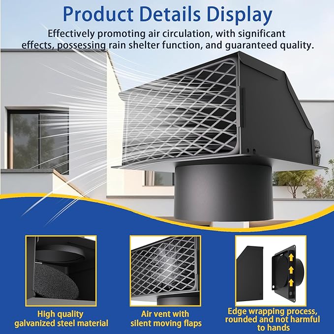 4 Inch Dryer Vent Cover Outside, Exterior Dryer Vent Cover with Detachable Front Cover, Outdoor Dryer Vent Cover with Cushioned Non-Return Flap, High Quality Steel Air Wall Vent for House