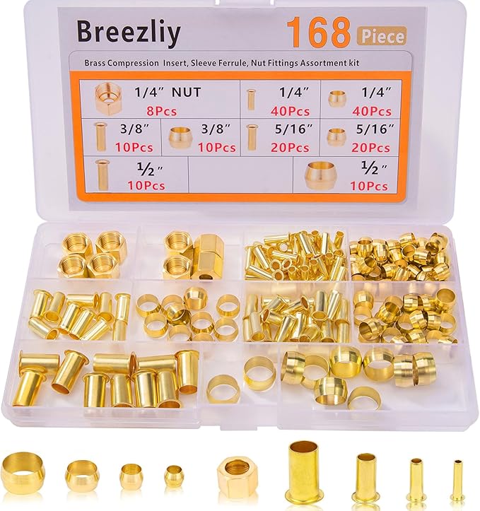168PCS Tube OD（1/4" 5/16" 3/8" 1/2" Brass Compression Sleeves Ferrules & Insert,4 Sizes Brass Compression Fitting Assortment Kit for Connecting air, Fuel, Water, Oil