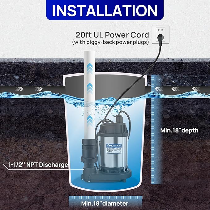 AQUASTRONG 1/2 HP Sump Pump, 3450 GPH Stainless Steel and Thermoplastic Submersible Water Pump, Automatic Float Switch with Piggy-back Plug,1-1/2" NPT Discharge Subpumps for Basement and Flooding Area