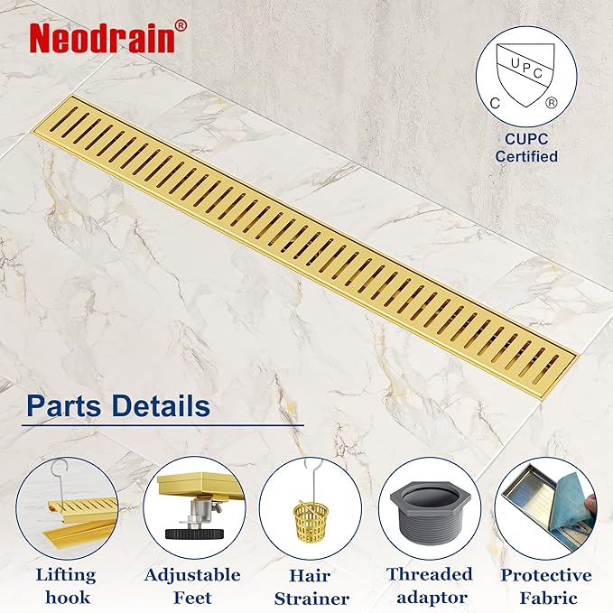 Neodrain 24" Gold Bathroom Linear Shower Drain with Removable Capsule Pattern Grate, 304 Stainless Steel Rectangle Shower Floor Linear Drain- Adjustable Leveling Feet,Hair Strainer, CUPC Certified