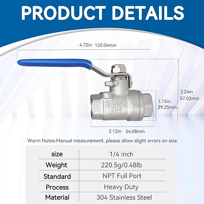 4 Pack Full Port Ball Valve 1/4 NPT 304 Stainless Steel 2 - chip ball valve Female Heavy Duty WOG1000 for Water，Oil，Gas with Locking Devic (1/4“, 4)