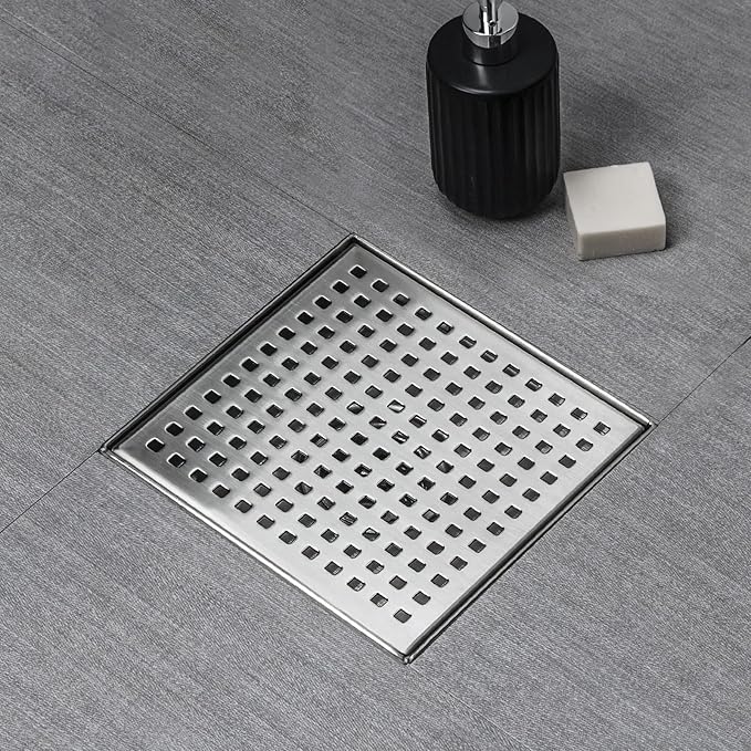 SaniteModar Shower Drain 4 inch with Removable Square Hole Panel, 304 Stainless Steel Brushed Shower Drain Equipped Hair Filter and Threaded Joint with Rubber Ring
