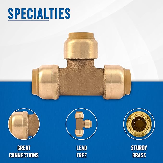 3/4 Inch Push Fit Plumbing Tee - Push-to-Connect Plumbing Fittings - Straight/Elbow/Tee Plumbing Fitting with 3/4" Disconnect Clip - Push fit Fittings for Copper Copper, PEX, CPVC Pipe - Pack of 5