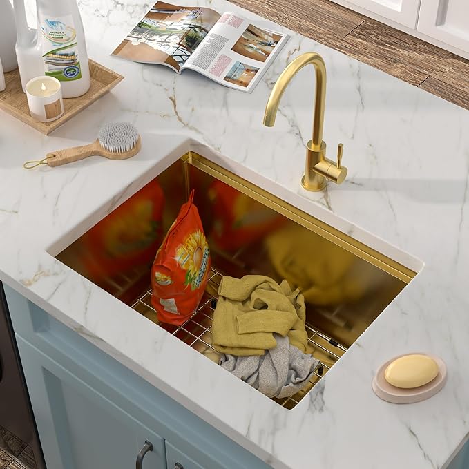 24"x18" Undermount Laundry Utility Sink Workstation – Brushed Gold NANO-PVD, 16 Gauge 304 Stainless Steel, 12 Inch Deep Single Bowl Basin for Laundry Room, RV or Utility Use