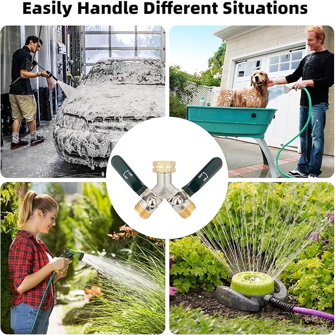 Hose Splitter 2 Way, Brass High Flow Garden Hose Splitter Heavy Duty, Hose Connector, Water Spigot Splitter, Faucet Splitters with shutoff, 3/4” GHT Inlet