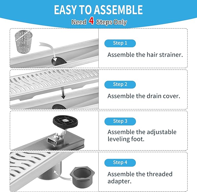 Linear Shower Drain 36 inch, Floor Drain with Removable Pattern Grate, 304 Stainless Steel Rectangular Linear Drain with Hair Strainer, CUPC Certified, Brushed Nickel, SD-103