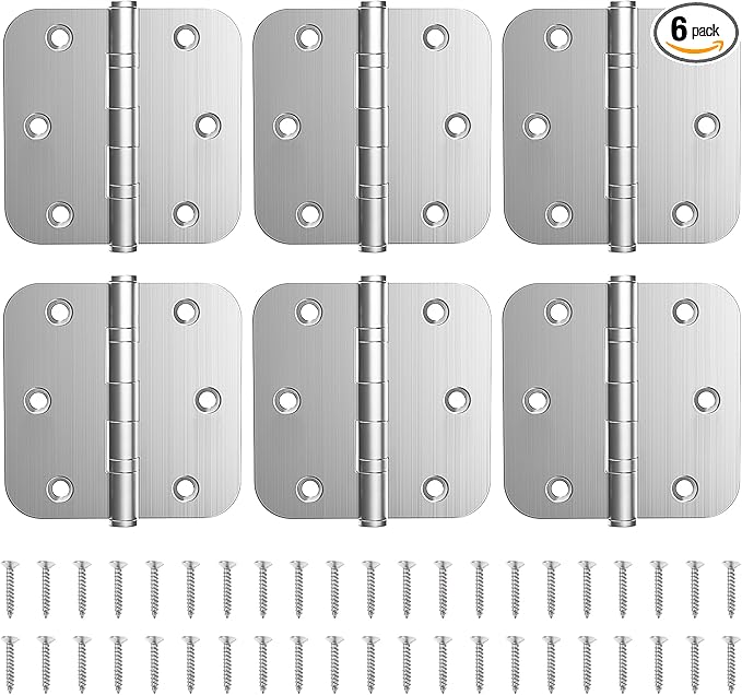 KOLET Ball Bearing Door Hinges, 3.5 Inches Heavy Duty Stainless Steel Door Hinges, 5/8'' Radius Corner Hinges, Smooth and Quiet, Non Removable Pin, Brushed Nickel, 6 Pack