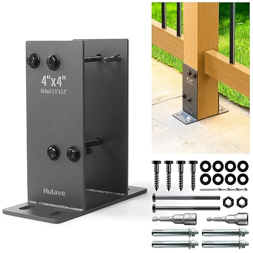 Hulave 1 Pack Stainless Steel 4" x 4" (Actual: 3.5" x 3.5") Post Base, Suitable for Terrace Railing, Fence, Mailbox, Gazebo, Porch, etc Concrete Support Anchor Base Post Anchor Bracket (Dark Gray)